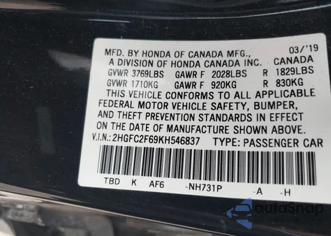 2019 Honda Civic Lx z USA, uszkodzony, nr VIN 2HGFC2F69KH546837